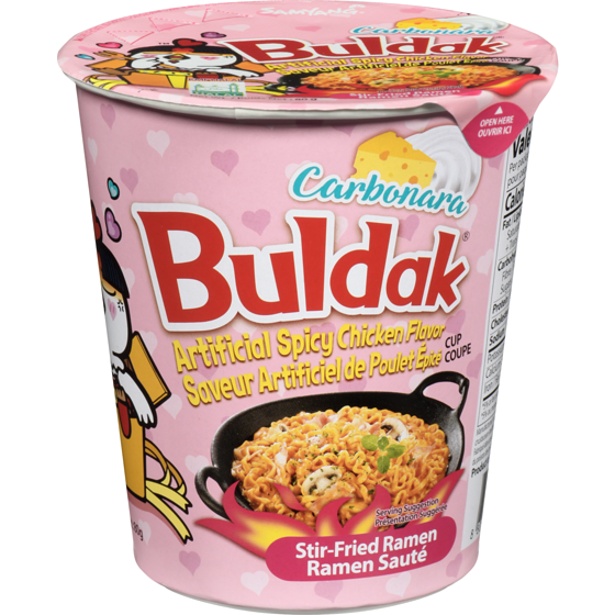 Samyang Buldak ramen sauté coupe carbonara saveur artificiel de poulet épicé 80 g, 3,11 $/100g