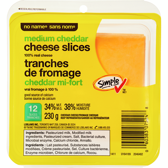 No Name Medium Cheddar Cheese Slices 230 g, $2.52/100g