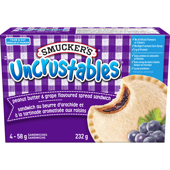 Smucker’s Sandwich Uncrustables Beur Ara Tartinade Aromatisée Raisins 4 EMB 4x58.0 g, 8,62 $/100g