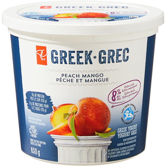President's Choice Peach Mango Greek Yogurt 650 g, $0.85/100g
