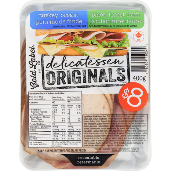 Gold Label Delicatessen originals poitrine de dinde jambon forêt noire 400 g, 2,00 $/100g