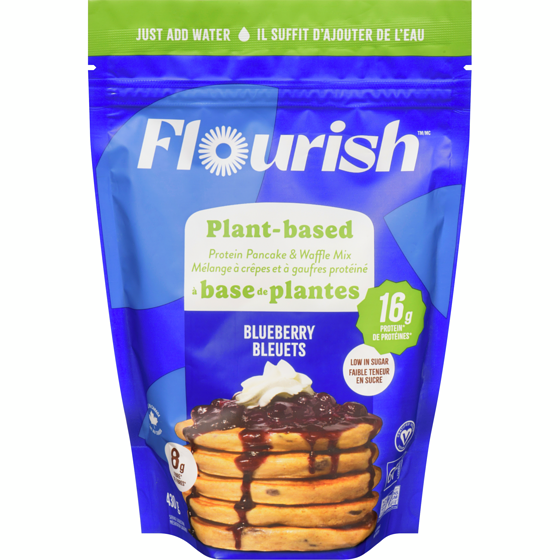 Flourish Mélange à crêpes et à gaufres protéiné à base de plantes bleuets 430 g, 3,02 $/100g