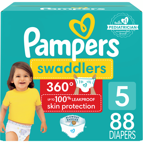 Pampers Couches à enfiler Swaddlers 360, pour une protection de la peau jusqu’à 100% sans fuites, taille5 (12,3kg et plus [27lb et plus]), 88couches 88 ea, 0,49 $/1ch