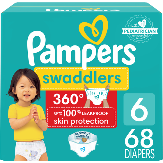 Pampers Couches à enfiler Swaddlers 360, pour une protection de la peau jusqu’à 100% sans fuites, taille6 (15,9kg et plus [35lb et plus]), 68couches 68 ea, 0,63 $/1ch