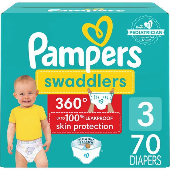 Pampers Couches à enfiler Swaddlers 360, pour une protection de la peau jusqu’à 100% sans fuites, taille3 (7,3kg à 12,7kg [16lb à 28lb]), 70couches 70 ea, 0,50 $/1ch