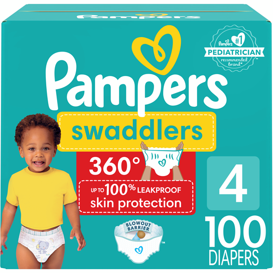 Pampers Couches à enfiler Swaddlers 360, pour une protection de la peau jusqu’à 100% sans fuites, taille4 (10kg à 16,8kg [22lb à 37lb]), 100couches 100 ea, 0,43 $/1ch