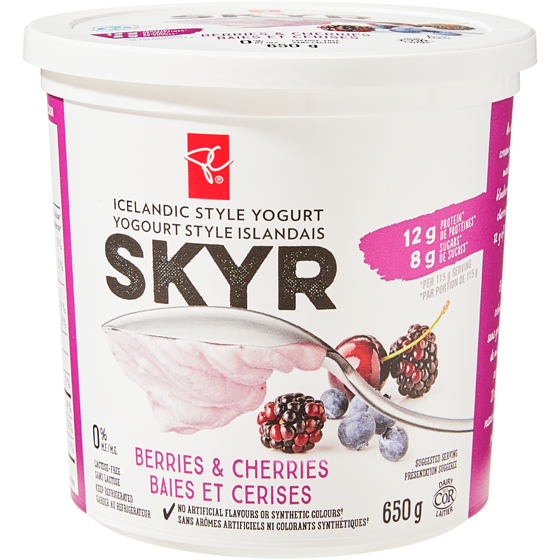President's Choice Icelandic Style Skyr Berries and Cherries Yogurt  650 g, $0.92/100g