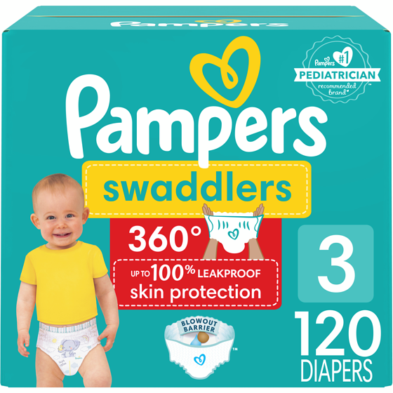 Pampers Couches à enfiler Swaddlers 360, pour une protection de la peau jusqu’à 100% sans fuites, taille3 (7,3kg à 12,7kg [16lb à 28lb]), 120couches 120 ea, 0,35 $/1ch