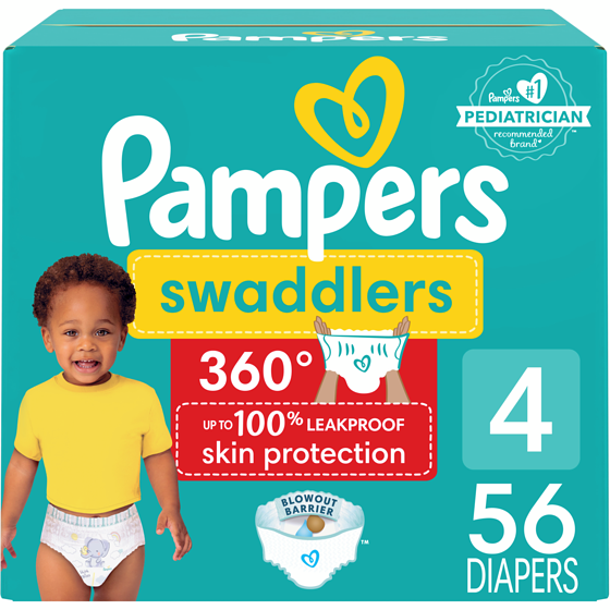 Pampers Couches à enfiler Swaddlers 360, pour une protection de la peau jusqu’à 100% sans fuites, taille4 (10kg à 16,8kg [22lb à 37lb]), 56couches 56 ea, 0,62 $/1ch