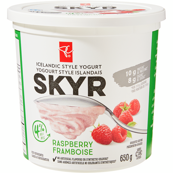President's Choice Icelandic Style Skyr Raspberry Yogurt 650 g, $0.92/100g