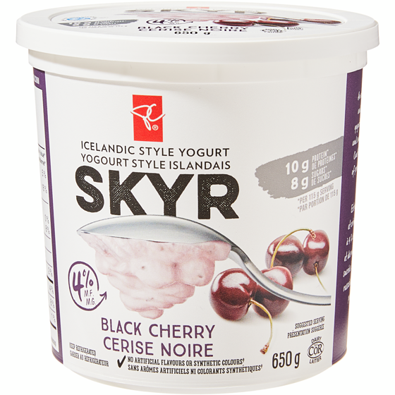 President's Choice Icelandic Style Skyr Black Cherry Yogurt  650 g, $0.92/100g