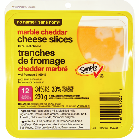 No Name Marble Cheddar Cheese Slices 230 g, $2.52/100ml