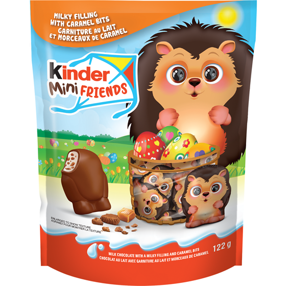 Kinder Mini Friends, chocolat au lait avec une garniture au lait et morceaux de caramal. 122 g, 4,51 $/100g