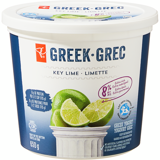 President's Choice Key Lime Greek Yogurt 650 g, $0.85/100g