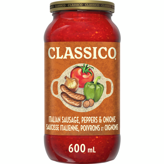 Classico Sauce pour pâtes saucisse italienne, poivrons et oignons 600 ml, 1,00 $/100ml