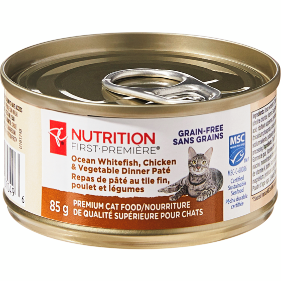 President's Choice Nutrition First Ocean Whitefish, Chicken, and Vegetable Dinner Paté Premium Cat Food 85 g, $1.52/100g