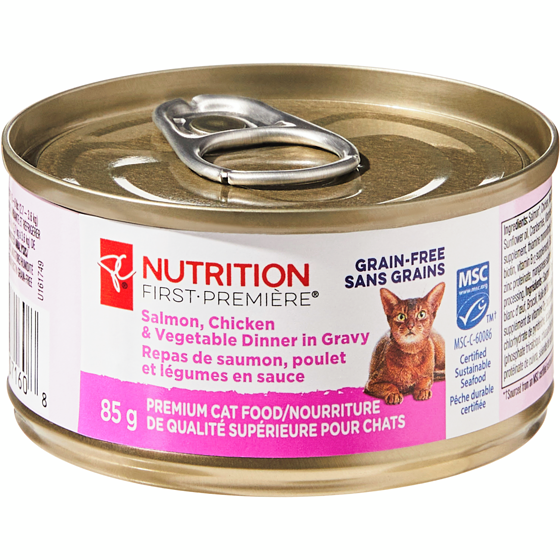 le Choix du Président Nutrition première, repas de saumon, poulet et légumes en sauce, nourriture de qualité supérieure pour chats 85 g, 1,52 $/100g