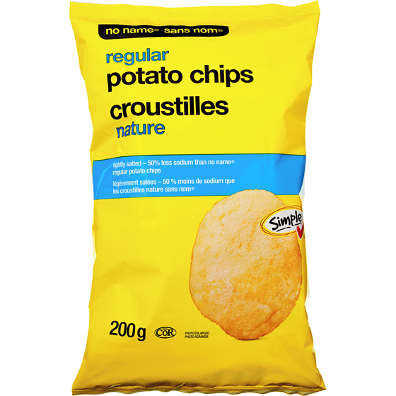Sans Nom Croustilles nature 50 % moins de sodium 200 g, 0,72 $/100g