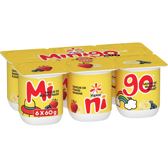 Yoplait Duo Minigo 2 % saveurs variées , Bleuet-Fraise/ Fraise-Banane/ Banane-Bleuet Saveur De, 6ct 6x60.0 g, 1,61 $/100g