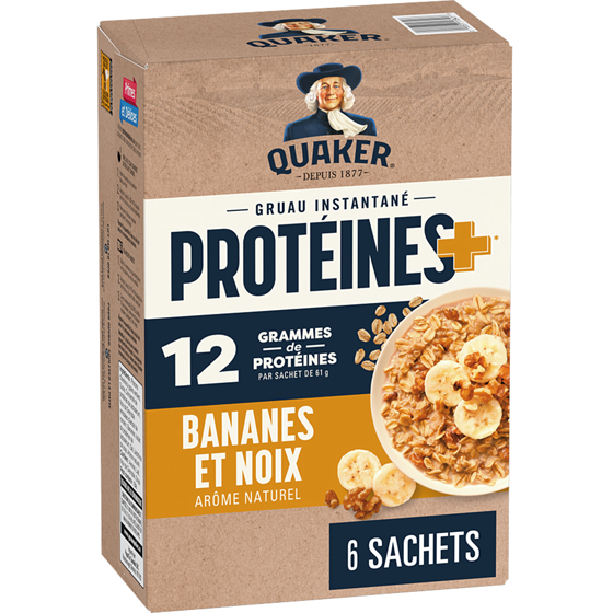 Quaker Protéines+ gruau instantané saveur Bananes et noix, 6 sachets 366 g, 2,18 $/100g