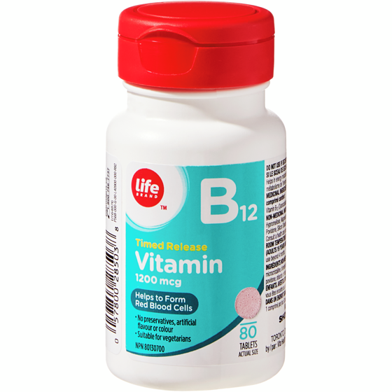 Life Vitamine B12 à libération différée, 80 comprimés à 1 200 mcg 80 ea, 0,09 $/1ch