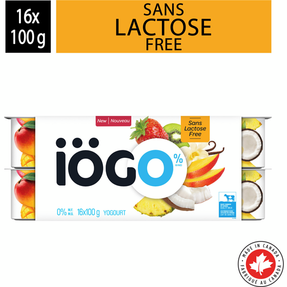 IOGO Strawberry-Kiwi Mango Coconut-Pineapple-Banana Vanilla Lactose-Free Yogurt Cups 0% 1.6 kg, $0.53/100g