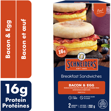 Schneiders Sandwichs déjeuner Bacon et œuf, 2 par paquet 232 g, 2,59 $/100g
