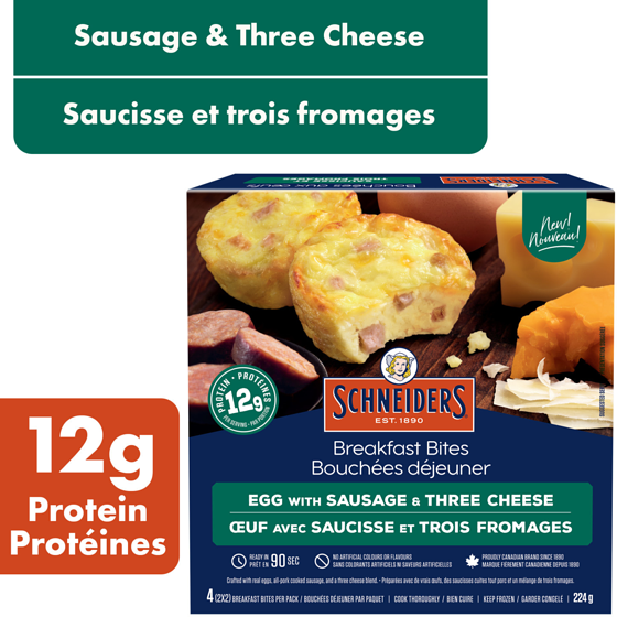 Schneiders Sausage & Three Cheese Breakfast Bites, 4 per pack 224 g, $2.46/100g