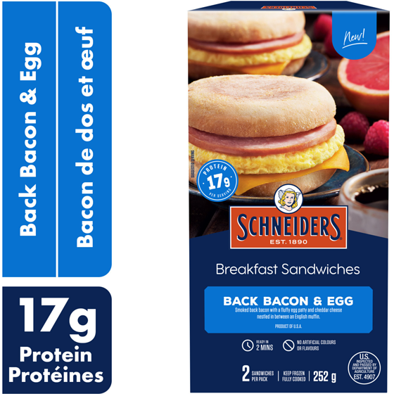 Schneiders Back Bacon & Egg Breakfast Sandwiches, 2 per pack 252 g, $2.18/100g