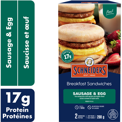 Schneiders Sandwichs déjeuner Saucisse et œuf, 2 par paquet 288 g, 2,08 $/100g