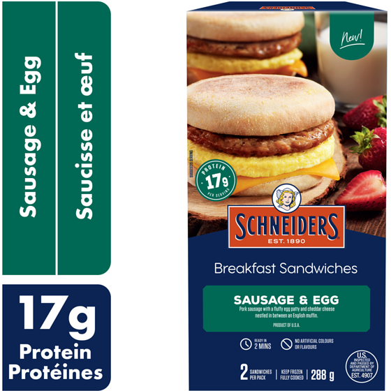 Schneiders Sausage & Egg Breakfast Sandwiches, 2 per pack 288 g, $1.91/100g