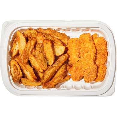null 3-Piece Chicken Strips with Potato Wedges 323 g, $1.86/100g