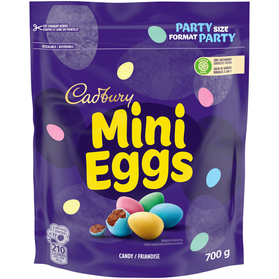 Cadbury Mini Eggs, Chocolatey Candy Eggs, Party Size, Resealable bag 700 g, $2.43/100g