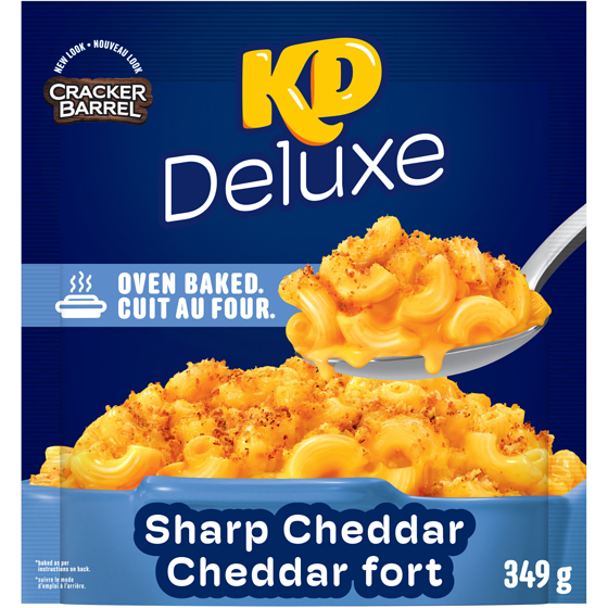 Kraft Kd deluxe macaroni et fromage cuit au four au cheddar fort, sachet 349 g, 2,00 $/100g