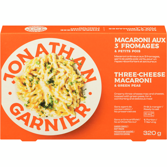 Jonathan Garnier Macaronis aux 3 fromages et petits pois 320 g, 2,34 $/100g