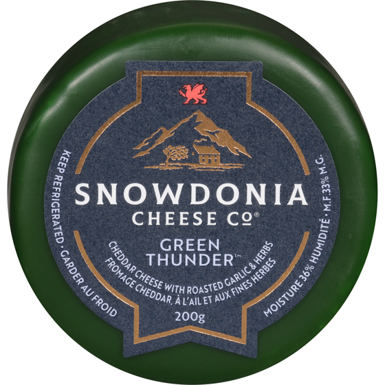 Snowdonia Cheddar Cheese With Roasted Garlic & Herbs Green Thunder 33% M.F. 200 g, $6.00/100g