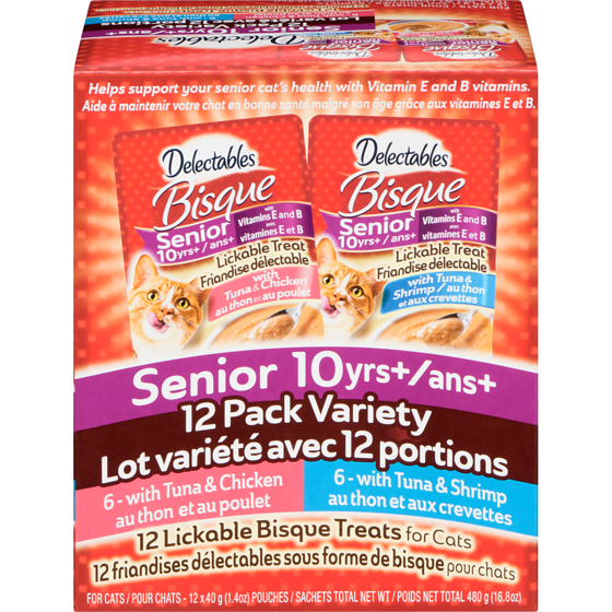 Hartz Bisque friandises délectables sous forme de bisque pour chats senior 10 ans+ lot variété avec 12 portions 12x40.0 g, 3,54 $/100g