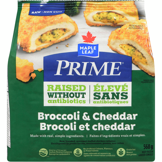 Prime Escalopettes de poulet crues farcies au brocoli et au cheddar, assaisonnées et panées 568 g, 2,90 $/100g