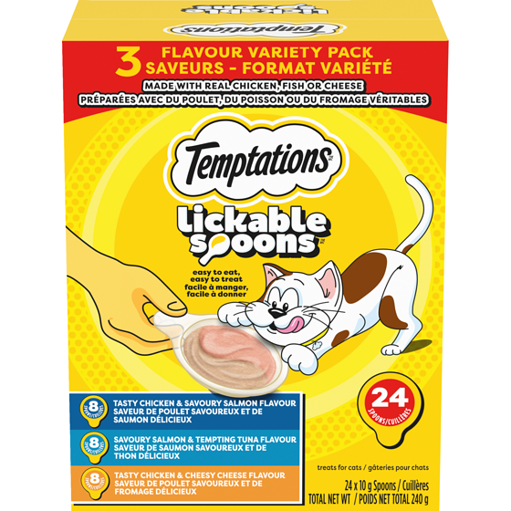 Temptations Lickable spoons gâteries pour chats 3 saveurs - format variété 1.6 kg, 1,62 $/100g