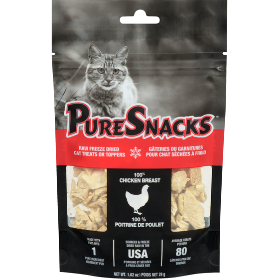 PureSnacks Gâteries ou garnitures pour chat séchées à froid 100 % poitrine de poulet 29 g, 21,69 $/100g
