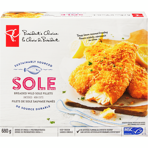 President's Choice Breaded Wild Sole Fillets 680 g, $1.91/100g