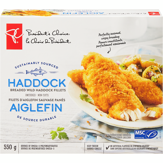President's Choice Breaded Wild Haddock Fillets 550 g, $2.36/100g