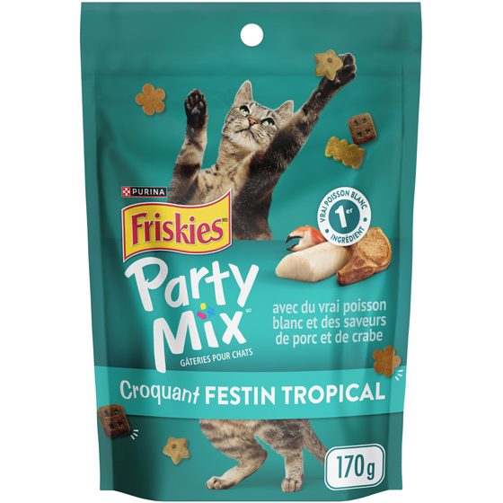 Purina Friskies party mix croquant festin tropical avec du vrai poisson blanc, gâteries pour chats 170 g, 2,05 $/100g