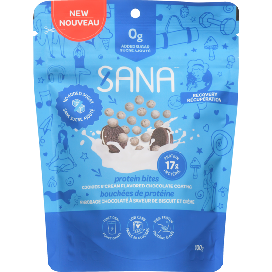 Sana Bouchées de protéine enrobage chocolaté à saveur de biscuit et crème 100 g, 6,29 $/100g
