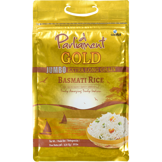 Parliament Basmati Rice Gold Jumbo Extra Long Grain 4.54 kg, $0.35/100g