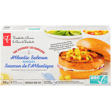 le Choix du Président Les fabuleux burgers de saumon de l’Atlantique 500 g, 3,20 $/100g