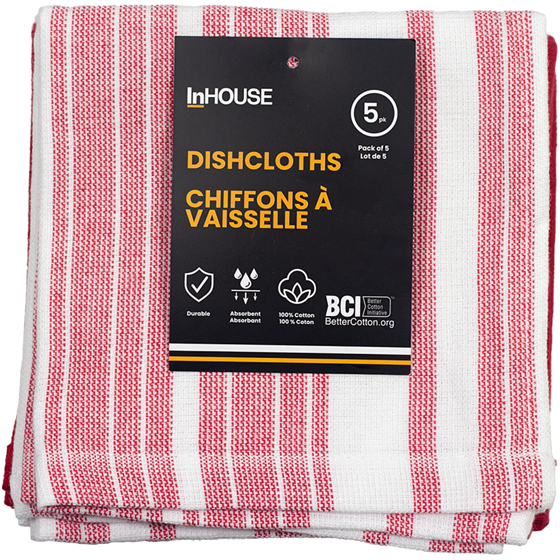 InHouse Premium Lot De 5 Lingettes En Coton Éponge Rouge 5 ea, 2,40 $/1ch