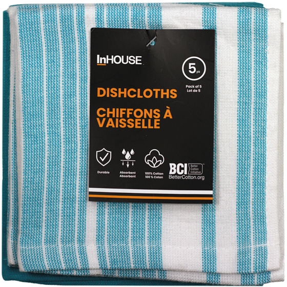 InHouse Premium Lot De 5 Lingettes En Coton Éponge Cyan 5 ea, 2,40 $/1ch