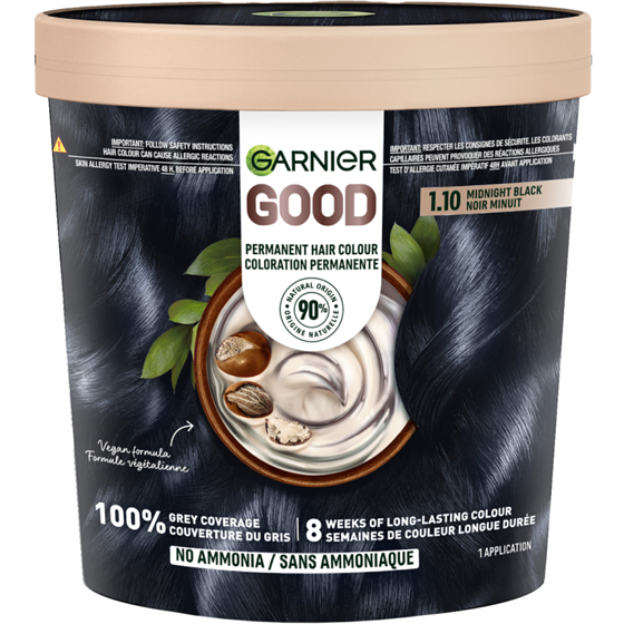 Garnier GOOD, Permanent Hair Dye, 100% Grey Coverage, No Ammonia Midgnight Black 1 ea, $20.49/1ea