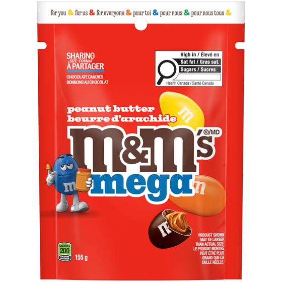 M&M’s Méga beurre d’arachide, friandises au chocolat au lait, sac de format à partager 155 g, 3,23 $/100g